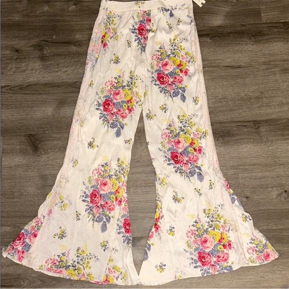 By Anthropologie Floral Lace Silky Flare Pants - Picture 11 of 11